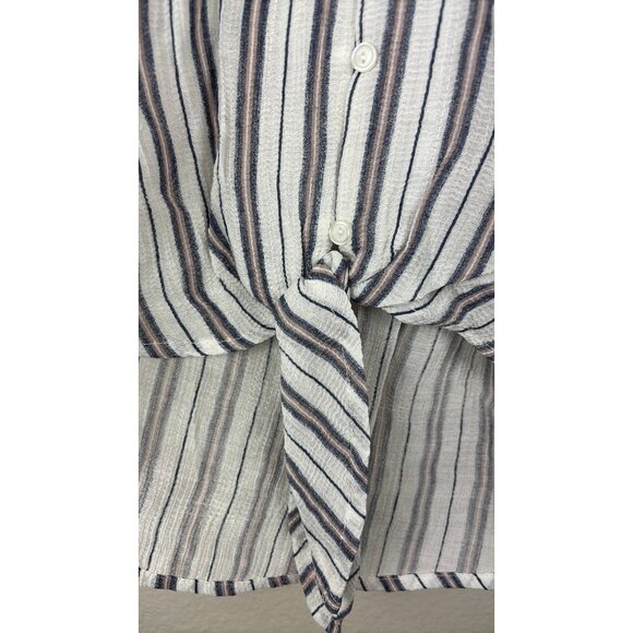 Vixbe - Small - Knotted Front V-Neck Cropped Shirt, Gray/White Stripes - Picture 6 of 6